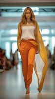 A beautiful model walking fashionably on the catwalk. Fashion show. Generative Ai photo