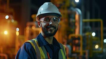 A happy young man petrochemical engineer working at night Inside oil and gas refinery plant factory. Generative Ai photo