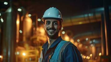 un contento joven hombre petroquímico ingeniero trabajando a noche dentro petróleo y gas refinería planta fábrica. generativo ai foto