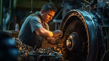 Aircraft Maintenance Mechanic Inspecting and Working on Airplane Jet Engine in Hangar. Generative Ai photo