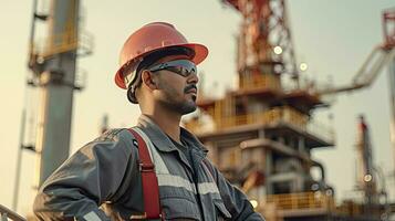 un ingeniero son trabajando a petróleo plataforma, gas producción concepto. generativo ai foto