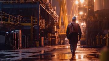 Close up of Offshore oil rig worker walks to an oil and gas facility to work in the process area. Generative Ai photo