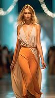 Fashion show beautiful young woman model walking on runway. Generative Ai photo