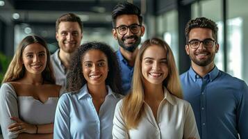 Portrait group of Happy diverse young business people standing together in a modern office, Successful creative business team. Generative Ai photo