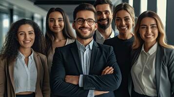 Portrait group of Happy multiracial coworkers standing together at modern office, Teamwork concept. Generative Ai photo