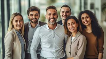 Portrait group of Happy multiracial coworkers standing together at modern office, Teamwork concept. Generative Ai photo