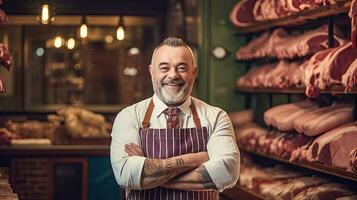 Portrait of A happy butcher standing with arms crossed in modern meat shop. Generative Ai photo
