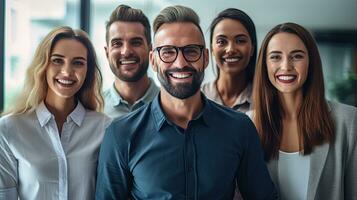 Portrait group of Happy multiracial coworkers standing together at modern office, Teamwork concept. Generative Ai photo