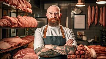 retrato de un contento Carnicero en pie con brazos cruzado en moderno carne tienda. generativo ai foto