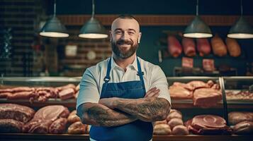 Portrait of A happy butcher standing with arms crossed in modern meat shop. Generative Ai photo