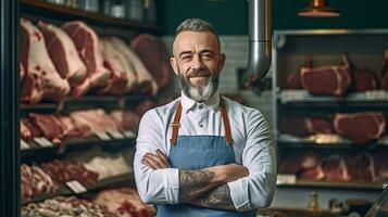 Portrait of A happy butcher standing with arms crossed in modern meat shop. Generative Ai photo