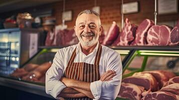 Portrait of A happy butcher standing with arms crossed in modern meat shop. Generative Ai photo