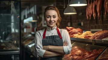 Portrait of A happy female butcher standing with arms crossed in modern meat shop. Generative Ai photo