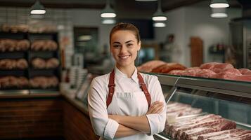 Portrait of A happy female butcher standing with arms crossed in modern meat shop. Generative Ai photo