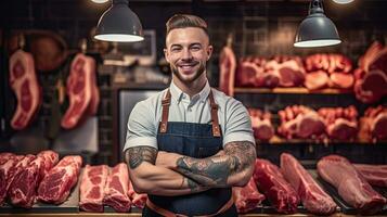 Portrait of A happy young male butcher standing with arms crossed in modern meat shop. Generative Ai photo