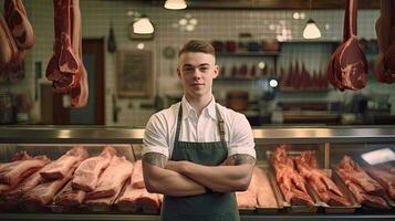 retrato de un contento joven masculino Carnicero en pie con brazos cruzado en moderno carne tienda. generativo ai foto