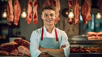 retrato de un contento joven masculino Carnicero en pie con brazos cruzado en moderno carne tienda. generativo ai foto