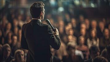 A businessman giving a speech on the stage in front of the audience. Generative Ai photo