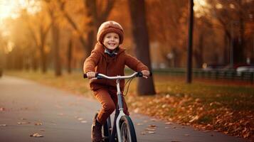 un alegre niño chico montando un bicicleta para el primero tiempo. generativo ai foto