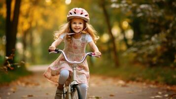 un alegre niño niña montando un bicicleta para el primero tiempo. generativo ai foto