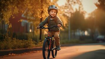 un alegre niño chico montando un bicicleta para el primero tiempo. generativo ai foto