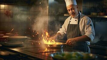 a Chef cooking in a restaurant kitchen. Generative Ai photo