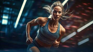 A professional female athlete as she engages in high intensity interval training at the gym. Generative Ai photo