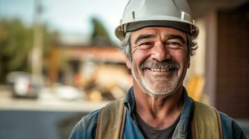 un sonriente hombre trabajando en un construcción sitio, construcción difícil sombrero y trabajo chaleco. medio Envejecido. generativo ai foto