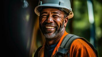 un sonriente hombre trabajando en un construcción sitio, construcción difícil sombrero y trabajo chaleco. medio Envejecido. generativo ai foto