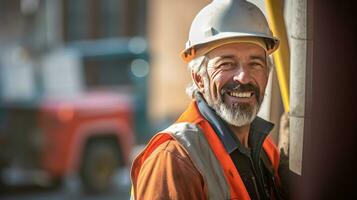 un sonriente hombre trabajando en un construcción sitio, construcción difícil sombrero y trabajo chaleco. medio Envejecido. generativo ai foto