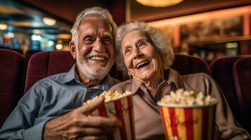 Cheerful senior couple with popcorn at cinema. elderly people. Generative Ai photo