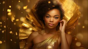 Portrait luxury and premium of African American woman in gold on golden sparkling background, girl in golden dress for advertising product design. Generative Ai photo