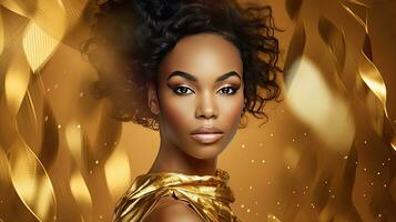 retrato lujo y prima de africano americano mujer en oro en dorado espumoso fondo, niña en dorado vestir para publicidad producto diseño. generativo ai foto