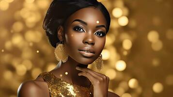 Portrait luxury and premium of African American woman in gold on golden sparkling background, girl in golden dress for advertising product design. Generative Ai photo