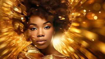 Portrait luxury and premium of African American woman in gold on golden sparkling background, girl in golden dress for advertising product design. Generative Ai photo