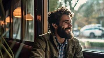 un hermoso hombre sentado felizmente mirando fuera de el ventana en un cafetería. concepto Lanza libre y financiero libertad. generativo ai foto