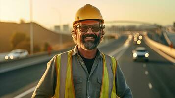 contento ingeniero hermoso hombre o arquitecto en pie a autopista hormigón la carretera sitio. generativo ai foto