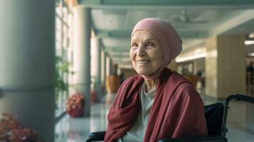 Happy senior female cancer patient wearing head scarf in wheelchair at hospital. Generative Ai photo