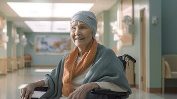 Happy senior female cancer patient wearing head scarf in wheelchair at hospital. Generative Ai photo