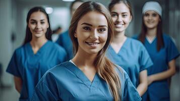 Happy young nursing student standing with her team in hospital, dressed in scrubs, Doctor intern. Generative Ai photo