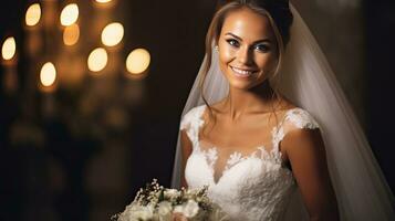 Portrait of Happy beautiful bride in the wedding day. Generative Ai photo