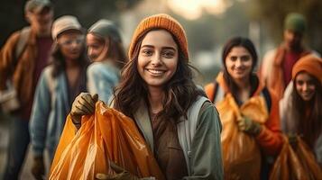 Portrait of Smiling young female supermarket worker. Generative Ai photo