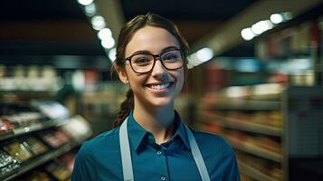 Portrait of Smiling young female supermarket worker. Generative Ai photo