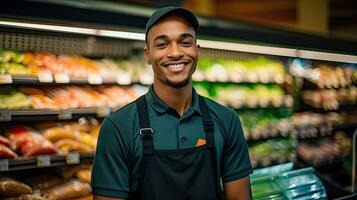 retrato de sonriente joven masculino supermercado obrero. generativo ai foto