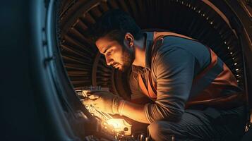 Aircraft technician, Engineer is wearing an orange signal vest repairing a turbine. Generative Ai photo