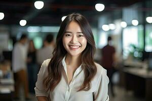 Asian young female happy pretty smiling professional business, happy confident positive female entrepreneur in office business co working, looking at camera. Generative Ai photo