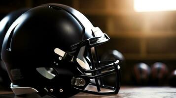 American football background with ball and black helmet. football helmet. Generative Ai photo