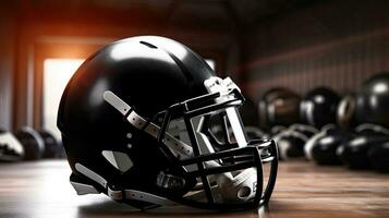 American football background with ball and black helmet. football helmet. Generative Ai photo