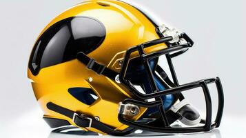 Side view of A yellow black American football helmet isolated on white background. football helmet. Generative Ai photo