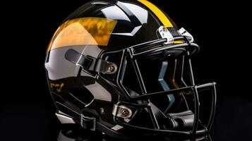 Side view of A yellow black American football helmet isolated on white background. football helmet. Generative Ai photo